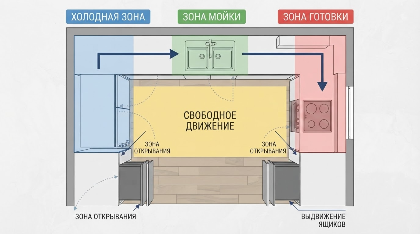 Планировка кухни начинается с движения